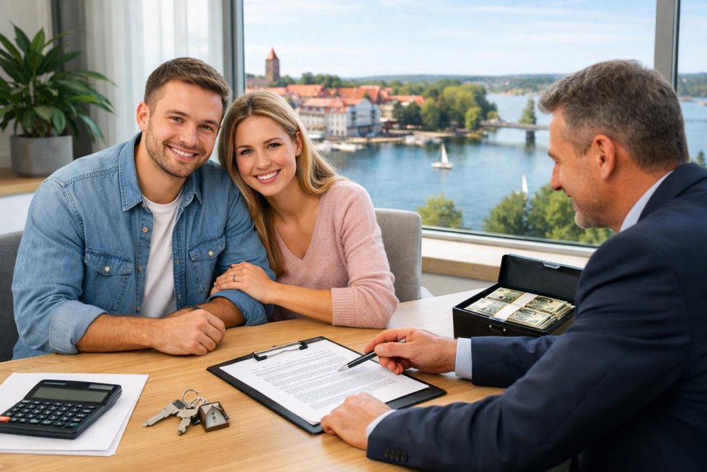 para w biurze notarialnym w Giżycku podpisuje umowę finansową z doradcą
