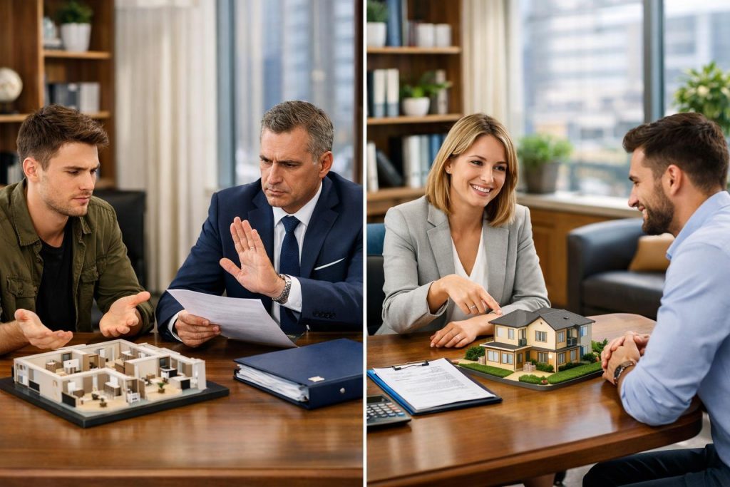 Doradcy bankowi rozmawiają z młodymi inwestorami na tle makiety mieszkania