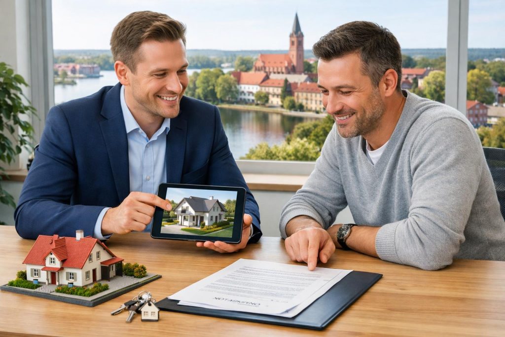 Doradca i klient omawiają pożyczkę hipoteczną przy stole w biurze