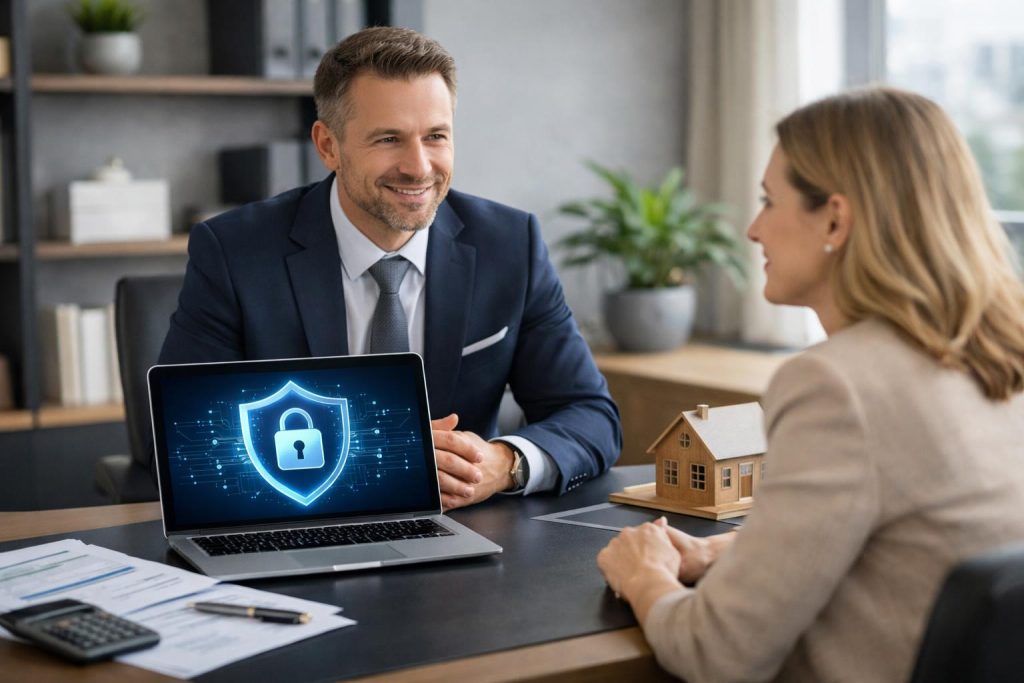 doradca finansowy z klientem zabezpieczone dane na laptopie biuro