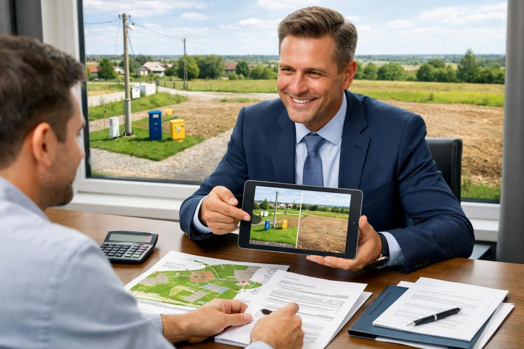 Doradca finansowy przedstawia klientowi podział działki na uzbrojoną i nieuzbrojoną w nowoczesnym biurze