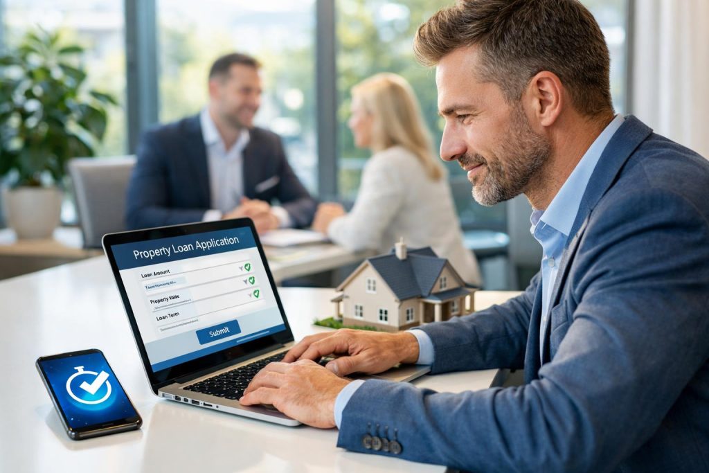 Przedsiębiorca analizuje wniosek online o pożyczkę pod zastaw w nowoczesnym biurze